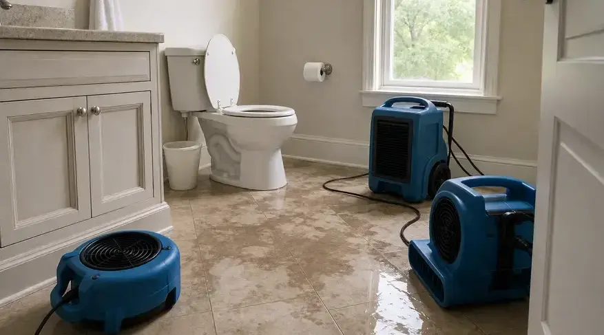 Air movers and a dehumidifier drying a bathroom floor after a toilet overflow in Franklin, TN