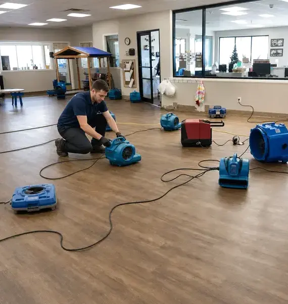 Technician placing air movers across a wet floor during commercial water damage restoration in Franklin, TN