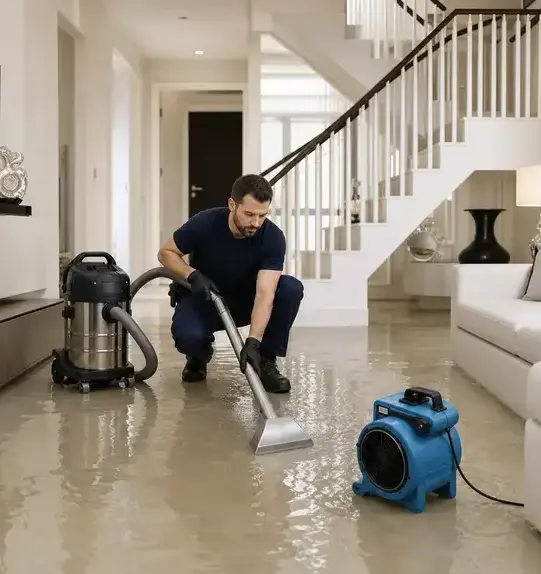 Technician extracting floodwater from a flooded lower level during basement flood cleanup in Franklin, TN