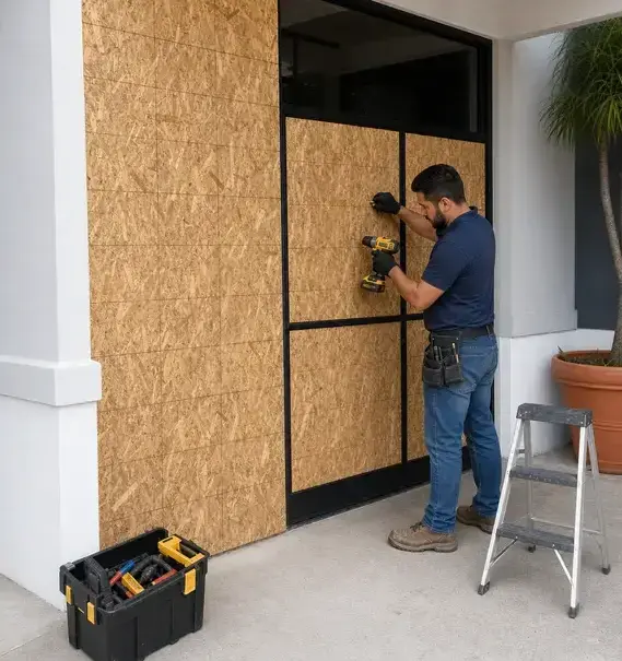 Worker screwing plywood over storefront windows during an emergency board-up in Franklin, TN