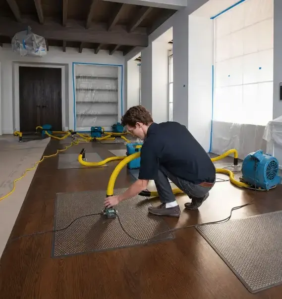 Technician setting up floor-drying mats on hardwood, one of the factors behind water damage restoration cost in Franklin, TN